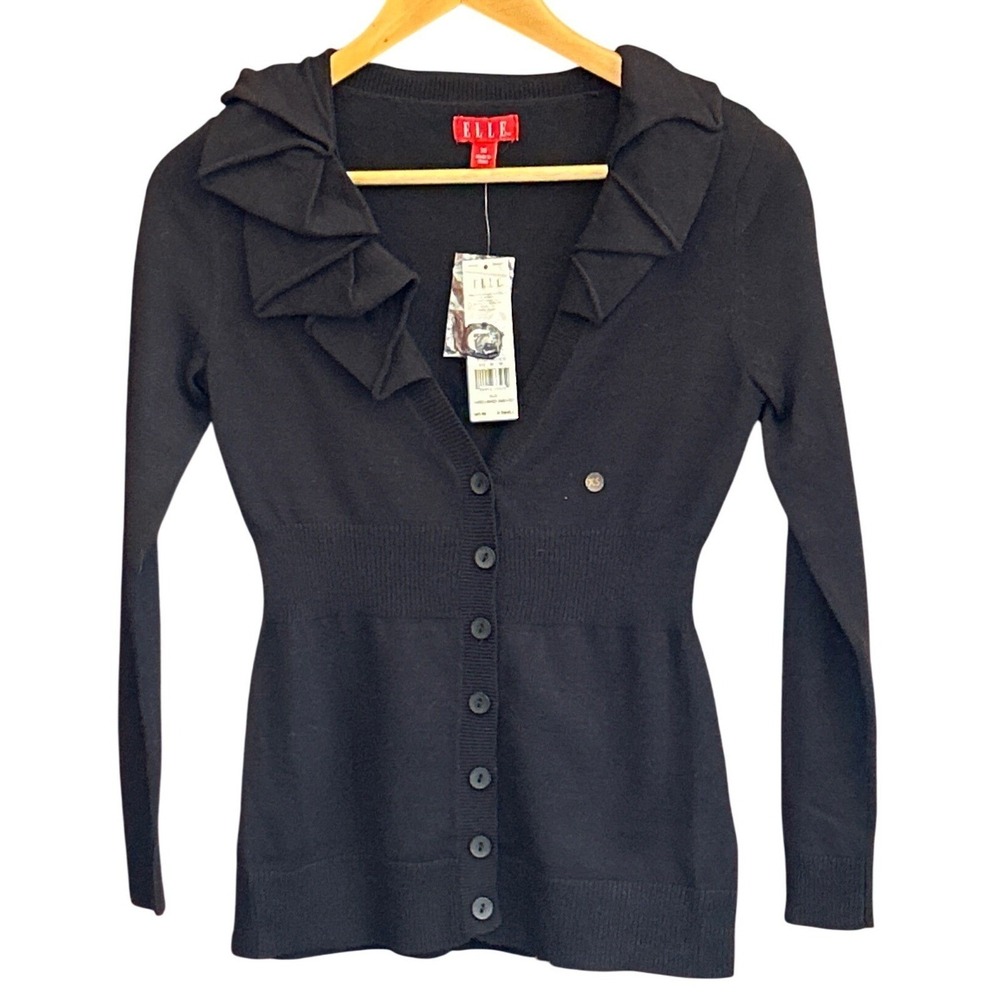 NWT ELLE Cardigan Sweater Ruffle Collar Coquette Dark Academia Romantic Classic